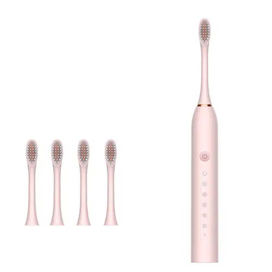 Sonic Electric Toothbrush Automatic 6 Files Household USB Charging toothbrushes Sonic for Adult with 4 tooth Brush Head: Pink