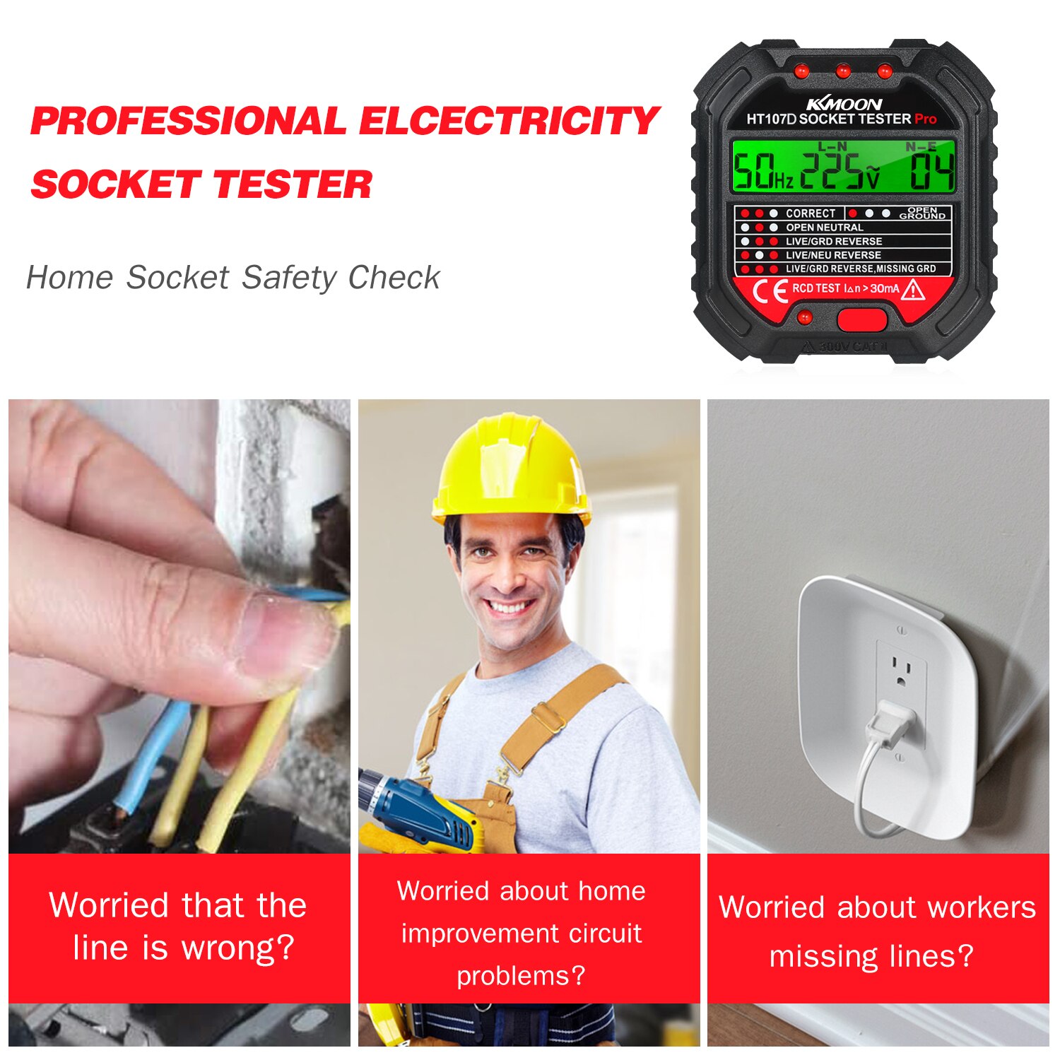 Kkmoon Aardlekschakelaar Outlet Tester Met Spanning Display Socket Tester Automatische Elektrische Circuit Polariteit Voltage Detector Breaker Finder