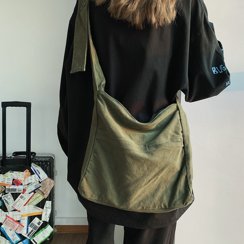 Sac Hobo en toile pour adolescent, sac en coton réutilisable pour étudiant en ecologie, sacoche élégante pour tous les jours à la coréenne
