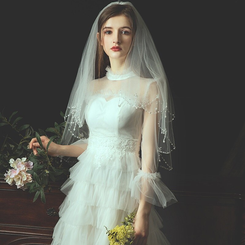 Bruids Sluier Met Crystal Parels Elleboog Lengte Sluier Bridal Veils Wedding Veil Soft Tule Met Kam