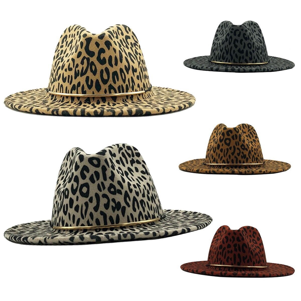 Kvinder jazz hat leopard print fedora hat vinter hat kunstig uld blanding jazz cap bred brim kirke derby flad top hat