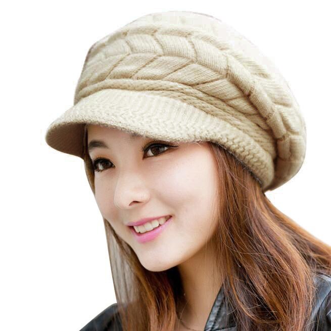 neue Winter Frauen Wolle Pelz Baskenmütze Hut Elegante Damen Solide Flache Kappe Verdicken Warme Ohrenschützer Gestrickte Wolle Beanie hut # YJ: Beige