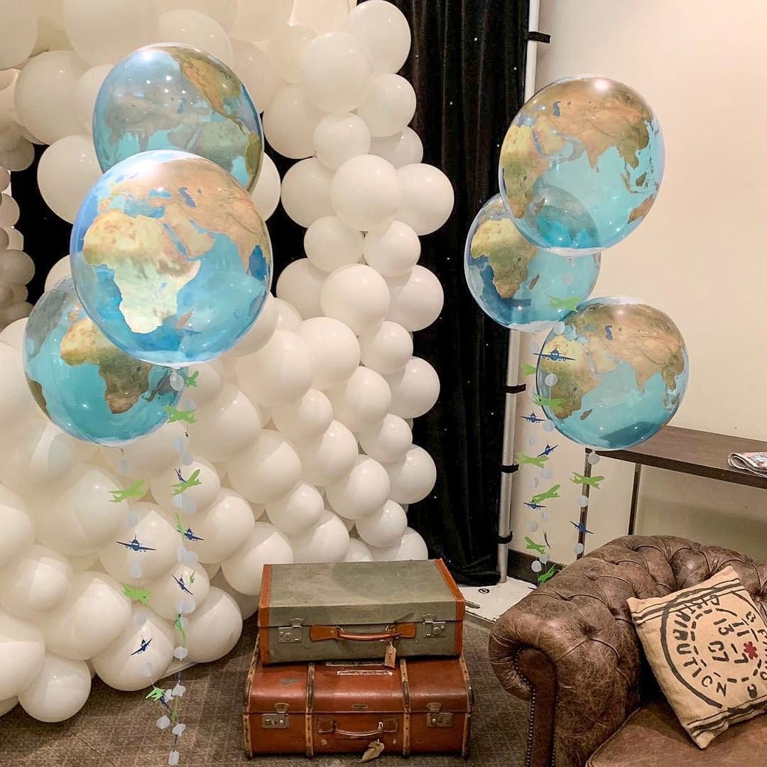 1 Juego de globos con mapa de viaje mundial, maleta, caja de dulces, pancartas de papel para mapa de viaje para niño, decoraciones para de cumpleaños con temática de avión