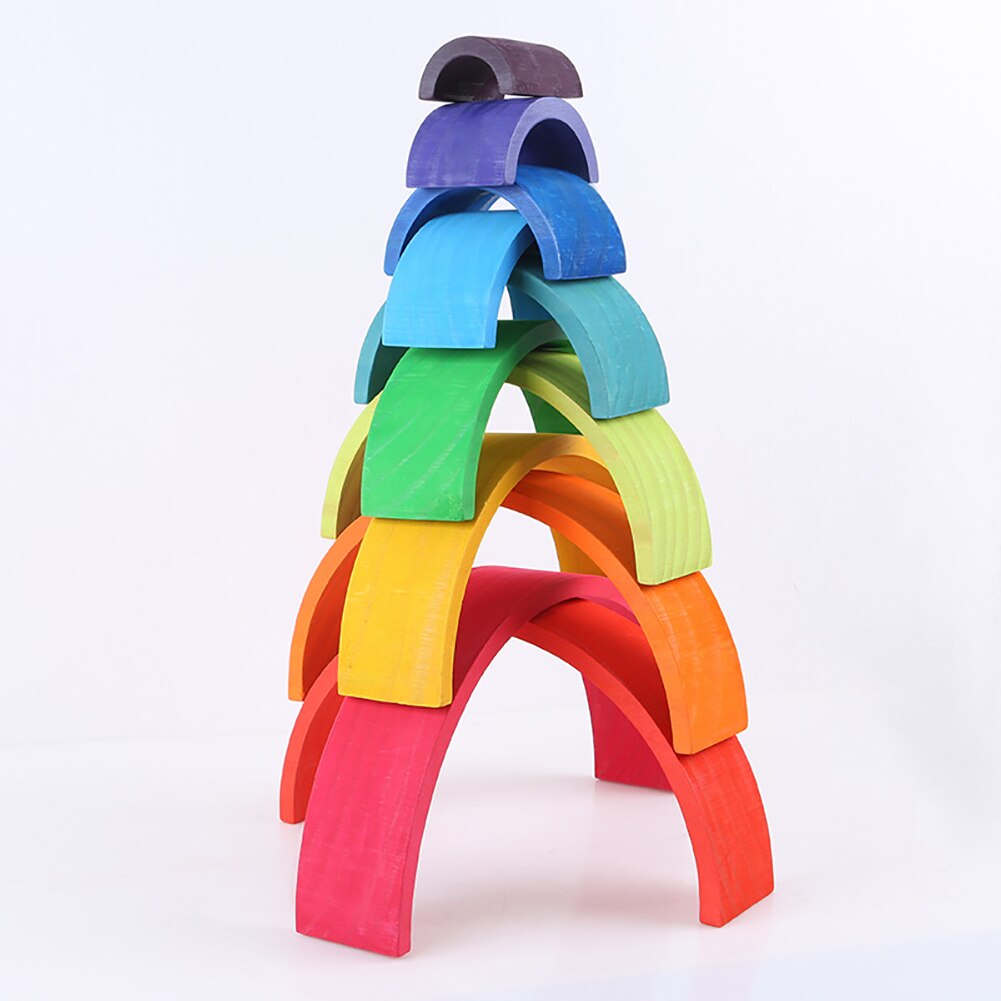 12 Puzzles Wooden Rainbow Tunnel Stacker Nesting Sculpture Building Kids Toy