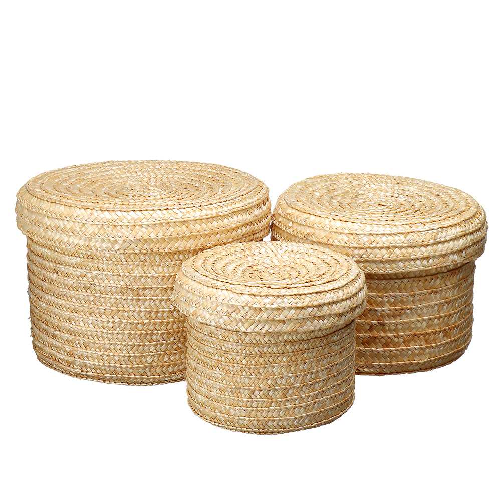 3 sztuk/zestaw ręcznie słomy pleciony koszyk z pokrywką przekąska organizator schowek kosze na pranie pojemnik ratanowy kosz na kwiaty: Default Title