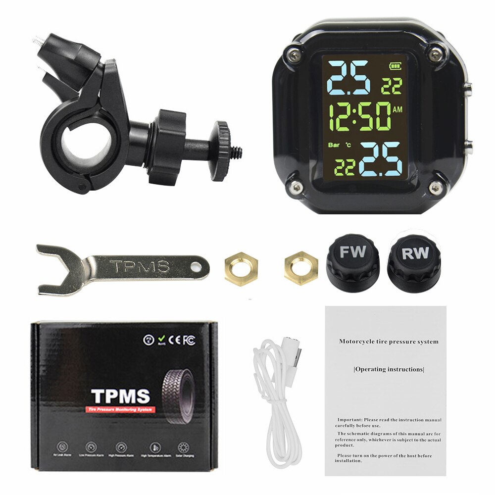 USB Motorcycle TPMS Motor Tire Pressure Tyre Temperature Monitoring Alarm System with 2 External Sensors USB Charging motos