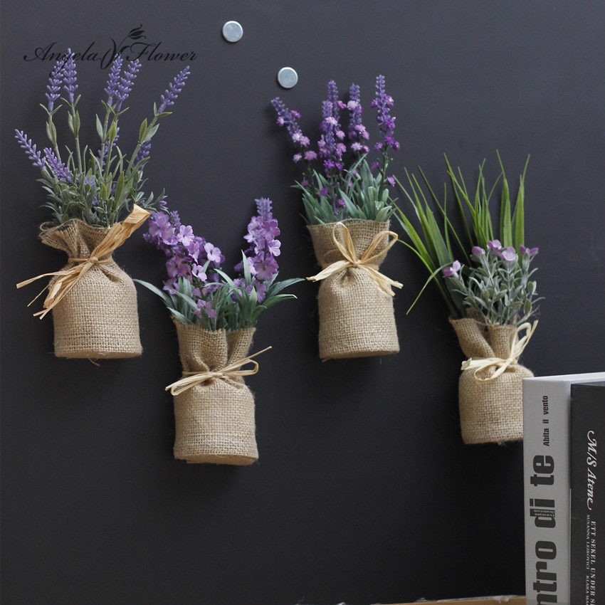 Kunstplanten Jute Bonsai Gypsophila Home Garden Christmas Decor Magneet Bloem Met Vaas Lavendel Ingemaakte Gras 1 Set