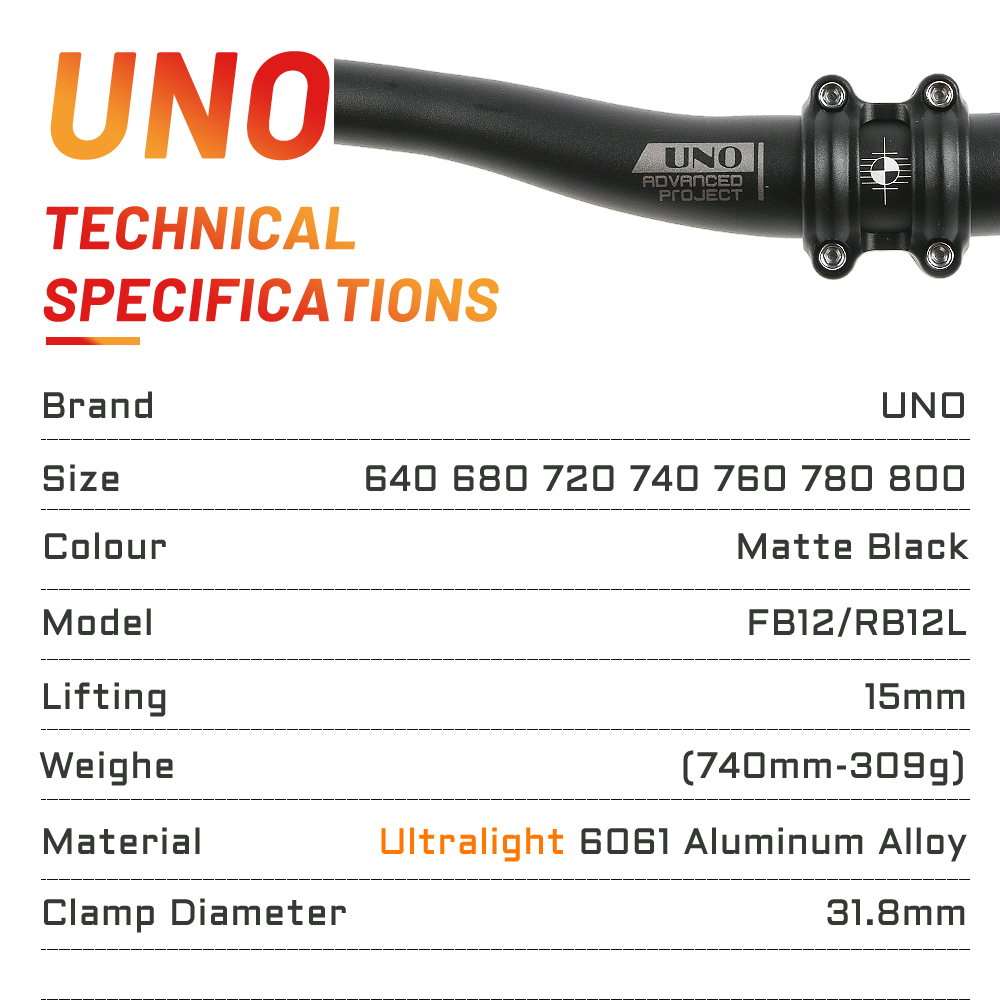 UNO-Manillar de bicicleta recto/ribalón, mango plano de aleación de aluminio para bicicleta de montaña, 640, 680, 720, 740, 760, 780, 800mm, piezas de bicicleta