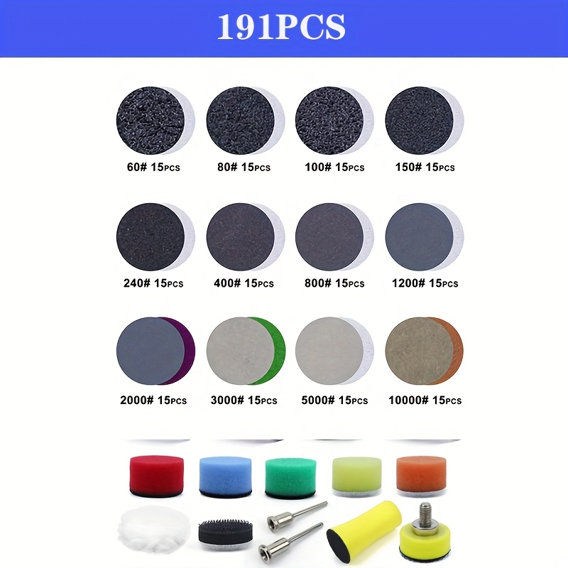 1 cm våt- och torrslipskivor 191 st kardborreband 25mm st stödrondeller med 3mm skaft för polering och slipning av metallbilar