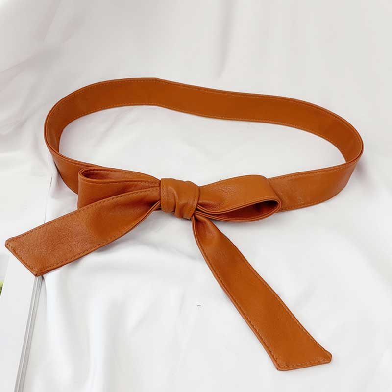 Cinturón Vintage de cuero suave para mujer, cinturón de cuero PU con lazo para envolver alrededor de la cintura, elástico, Color sólido: Camello