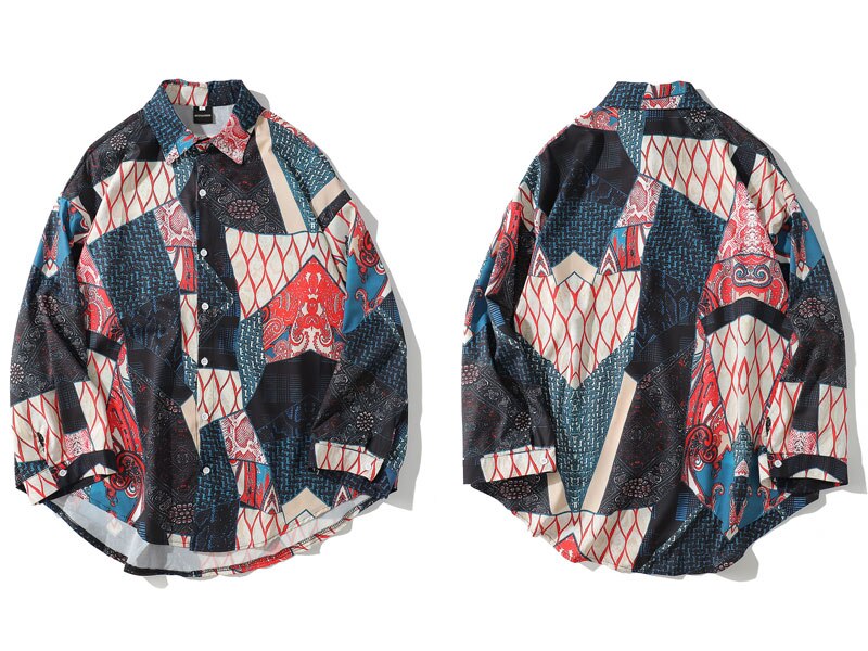 Lenstid japansk ukiyo e geometri patchwork langærmede shirts hip hop afslappet streetwear skjorter mænd kvinder toppe: M