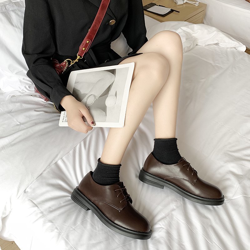 Zapatos Oxford para mujer, calzado de cuero negro liso con cordones, suela gruesa, informales, planos, talla grande, novedad, Otoño e Invierno