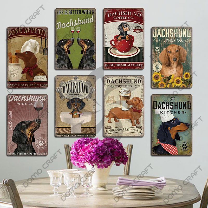 Póster de perros bonitos, carteles de Metal de estaño, placa de Metal Vintage Bulldog Dachshund, decoración artística de pared para cafetería, cocina, jardín y hogar