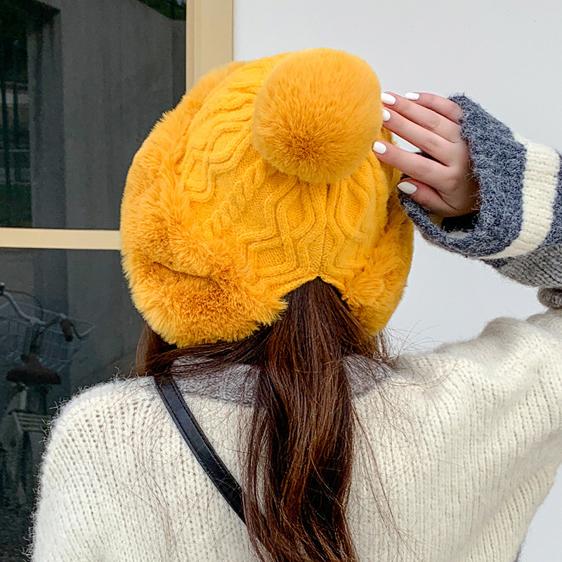 Gorro de nieve grueso con pompones para mujer, gorro cálido de punto, suave, , para esquí, Invierno