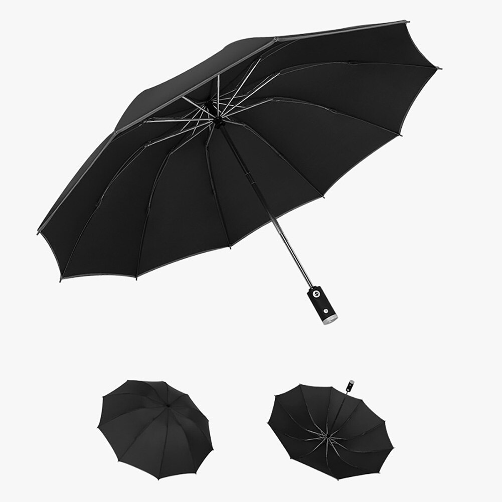 Three-fold Automatic Reverse Umbrella Portable Folding Waterproof Reflective Edge LED Light Sun Block Umbrella Parasol: Black