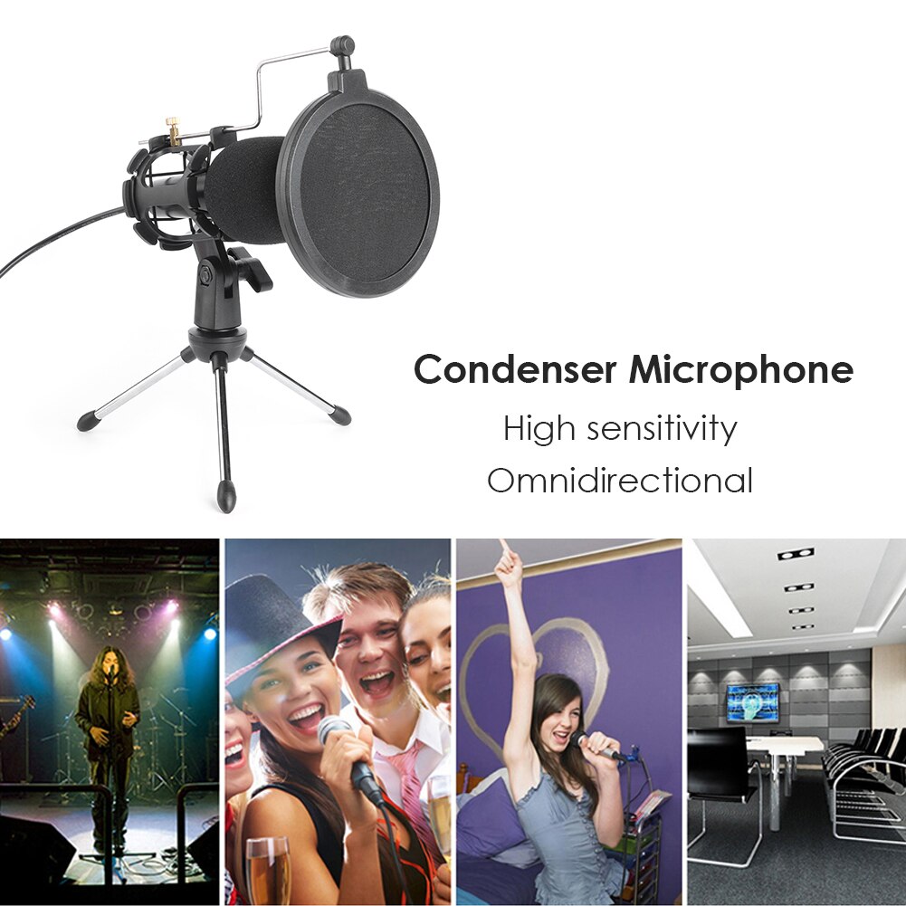 3.5mm Condenser Microphone with Desktop Tripod Shock Mount for Recording Chatting Network Teaching Video Conferencing
