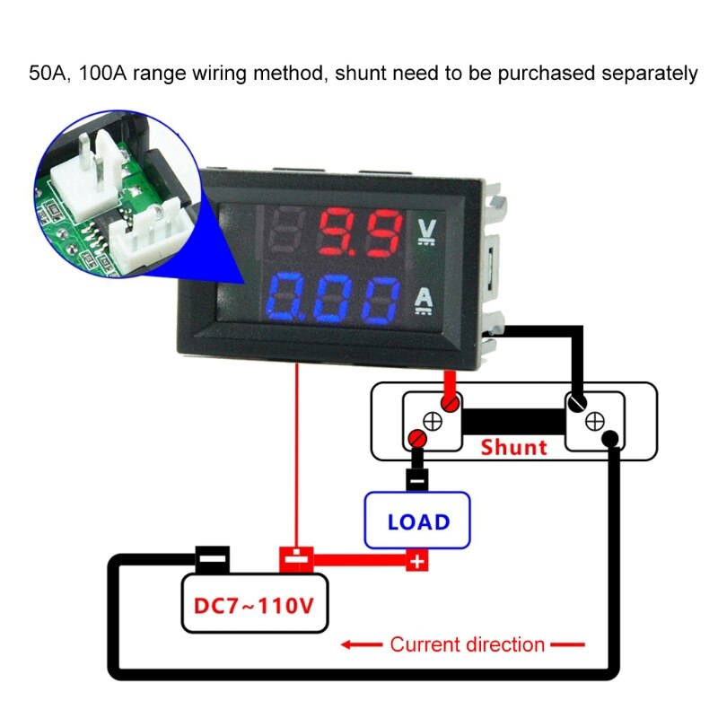 DC 100V 10A 50A 100A Voltmeter Ammeter Blue + Red LED Amp Dual Digital Volt Meter Gauge 7-110V