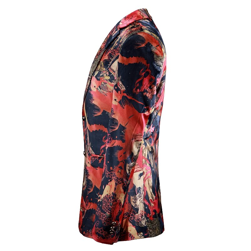 Jakkesæt med print til mænd stil ungdom slim fit sjal reversjakkesæt blazer scenesanger performance jakke tøj