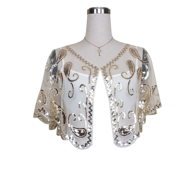 Capa de boda con cuentas de lentejuelas para mujer, Bolero, Capa, color negro, dorado y plateado, 5 colores