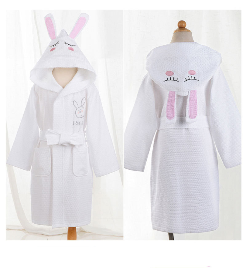 4 Color Girl Summer Cotton Bathrobe Waffle Hooded Children Robe Boys Dressing Gown Kids Roupao After Spa Bath Swimming L173: white with pink ear / 12A(130-140cm)
