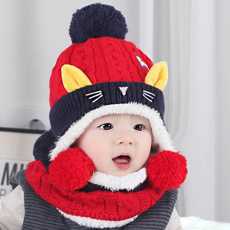 Doitbest 1 to 4 år gammel tegneserie killing fløjl uld børn drenge beanies strikkede pelshatte vinter 2 stk baby pige tørklæde hat sæt