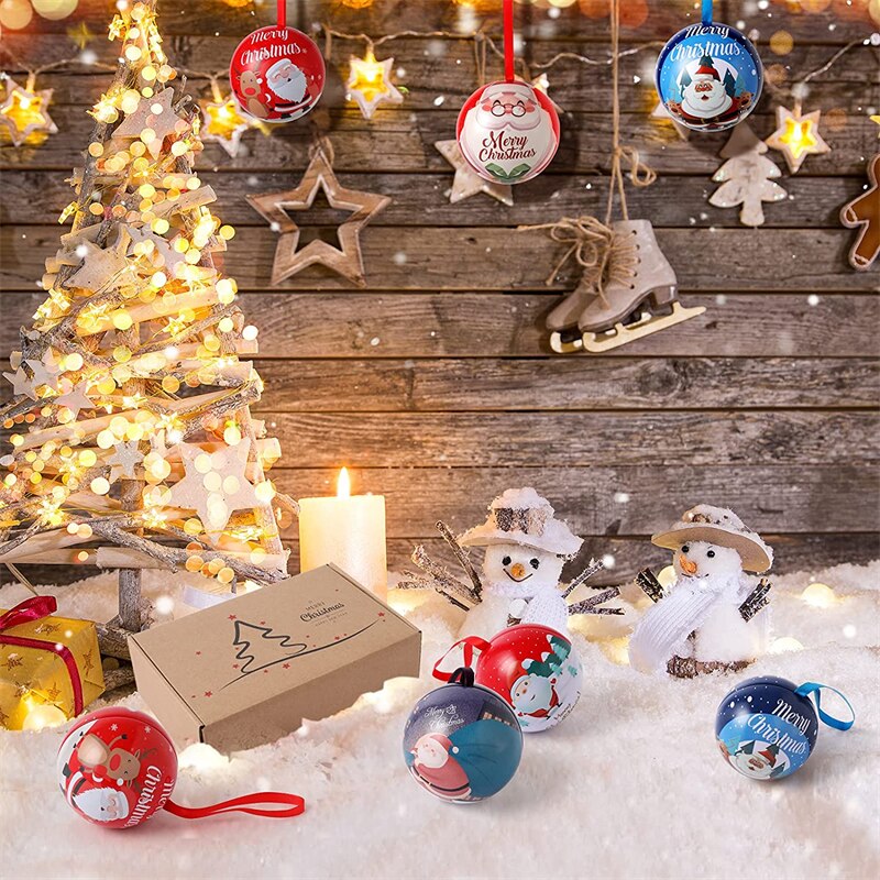 1Pcs Kerst Snoep Box Kerstboom Opknoping Bal Ornament Hanger Ronde Bal Bonbondoos Xmas Snoep Verpakking Blikken Doos navidad