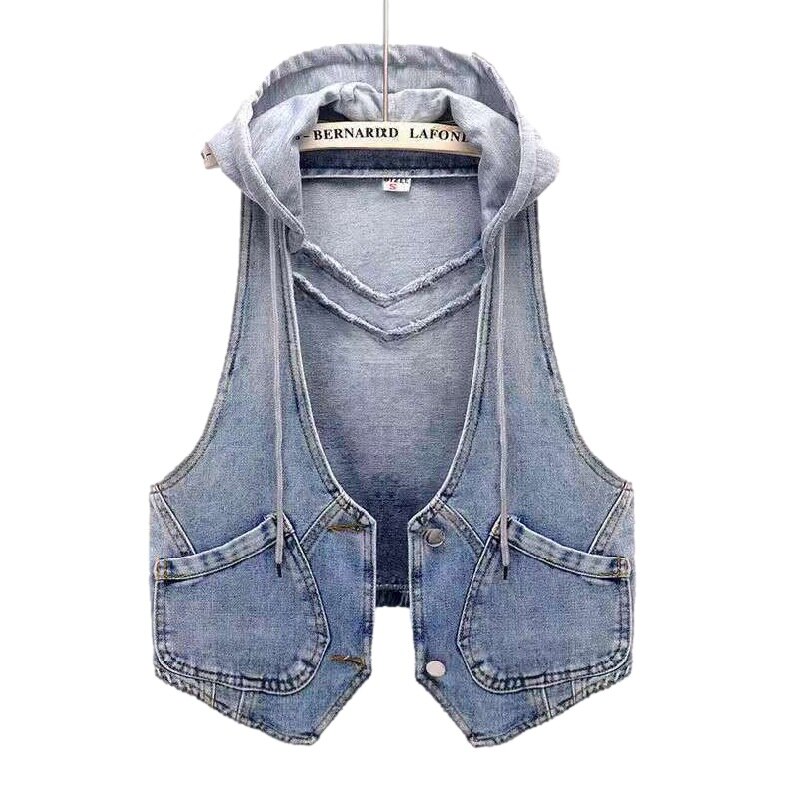 Chaqueta vaquera con capucha para adolescentes y niñas, chaleco azul de , ropa de niña, Chaleco Corto sin mangas