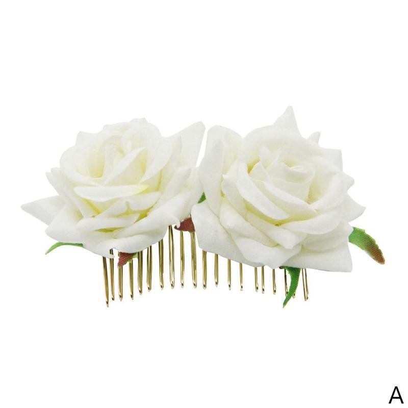 1 peine de pelo Artificial romántico de doble seda flor de Rosa para mujer, pinza de pelo blanca púrpura, tocado para baile de boda: White