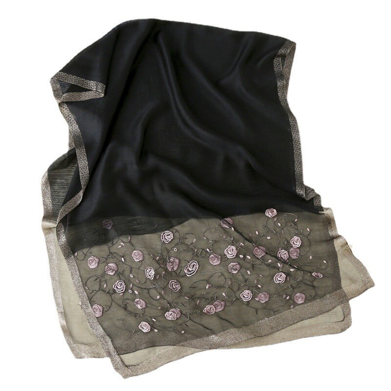 Real Silk and Wool Women Scarf Floral Embroidery Lady Headband Scarves Pashmina Shawl Wraps Bandana Hijab Big Size Beach