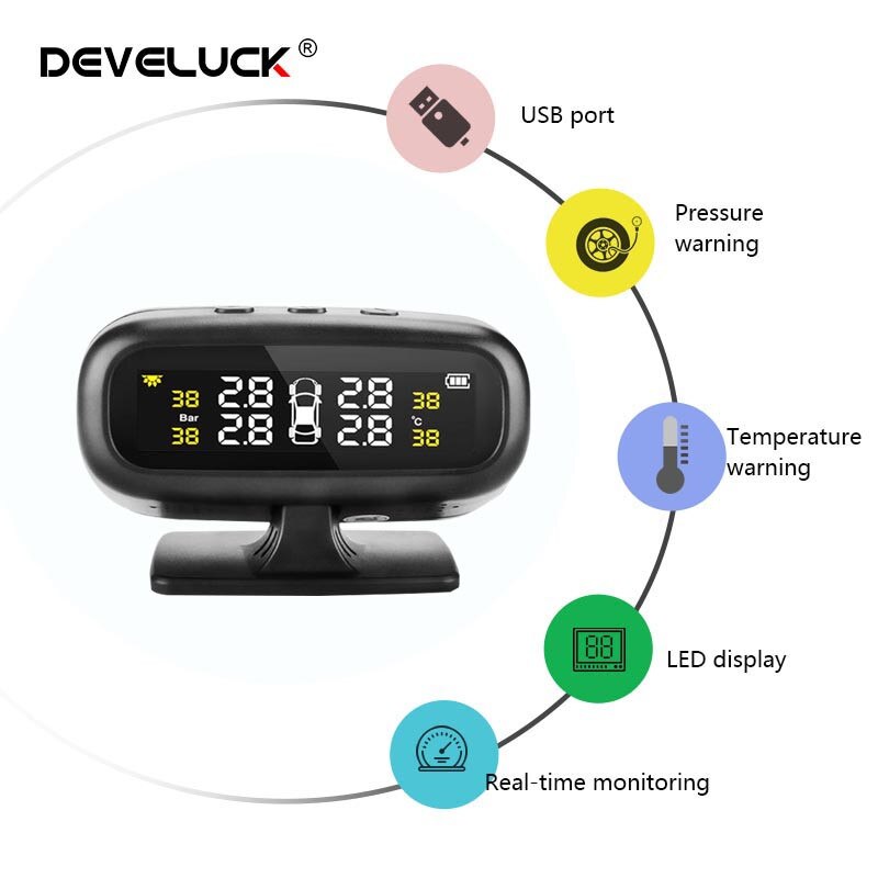 TPMS Car Tire Pressure Temperature Monitoring System with Four Sensors High-Precision Intelligent Alarm LCD display USB output