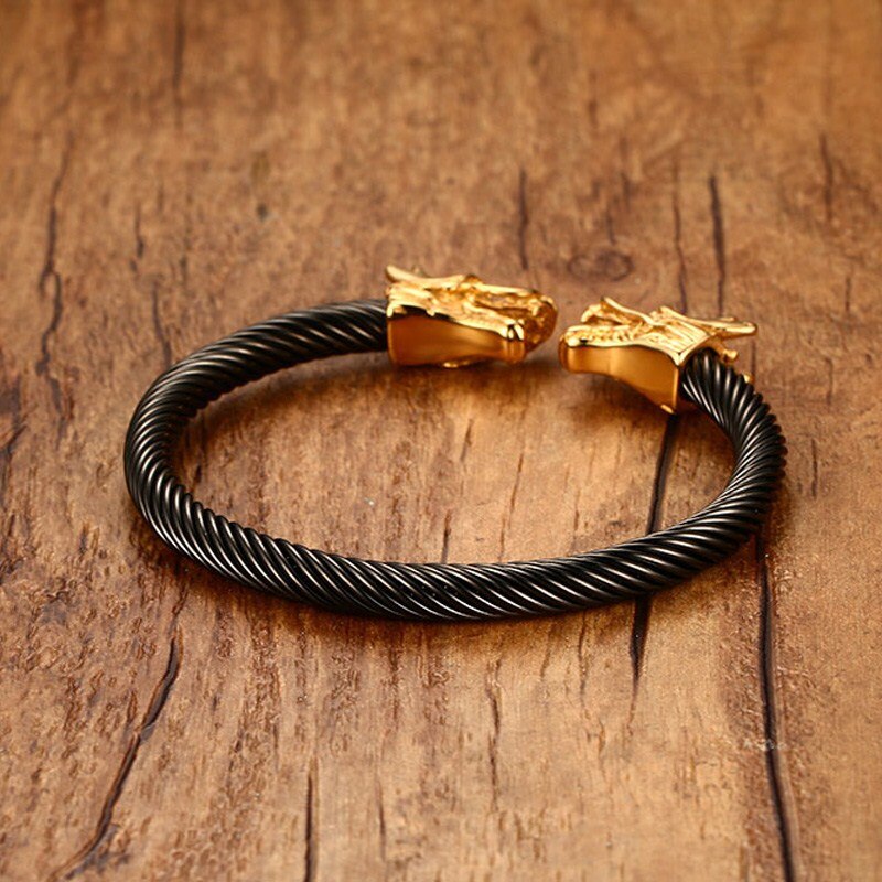 Einzigartige Elastische Einstellbare Gold-Tonne Drachen Kopf Manschette Armreif in Schwarz Edelstahl verdrehte Kabel Armbinde für Männer Schmuck