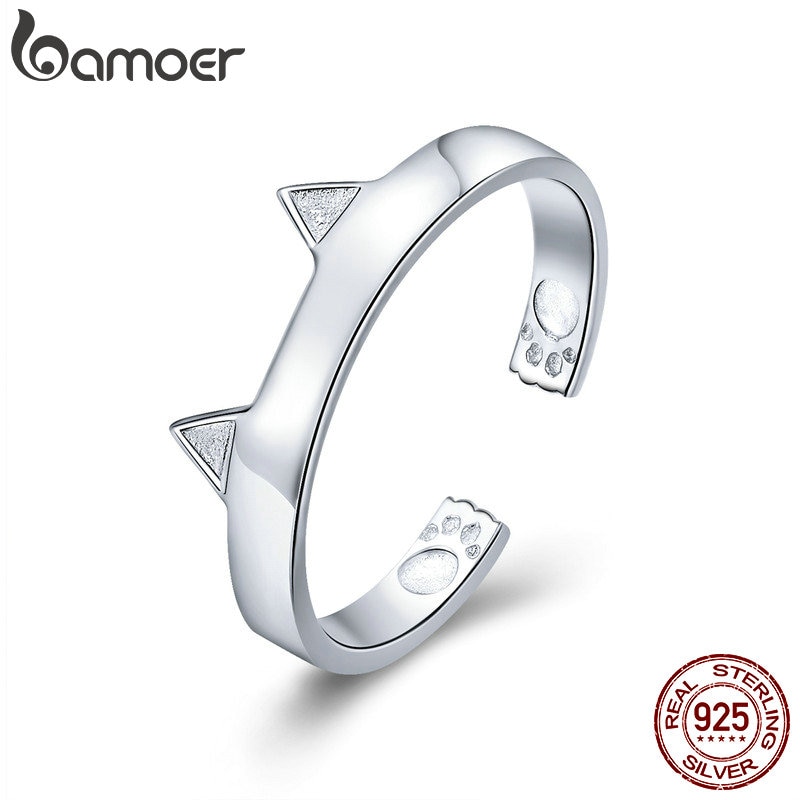 BAMOER 925 Sterling Silber Nette Katze Pfote Ohren Ebene bilden Einstellbare Finger Ringe Party Hochzeit Schmuck, Der SCR387