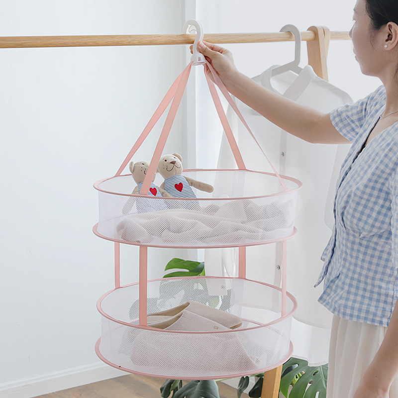 Clothes Drying Basket Hanging Sweater Net Mesh Pink Pocket Retractable Anti-Deformation Rack Socks Drying Bag Laundry Storage