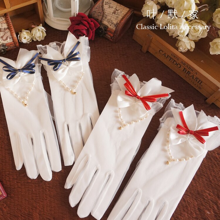 Gants en dentelle pour filles, magnifique collier de perles, cœur Lolita, maille, nœud perlé