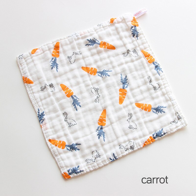 Babyhandduk sex lager gasväv med hög densitet fyrkantig tvättbar seersucker tryckt fyrkantig salivhandduk dagishandduk: Morot