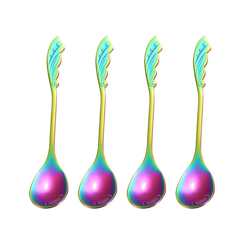 4 Pcs/Lot Mini Spoon Set 12 Cm Tiny Coffee Spoons 304 Stainless Steel Rose Wing-shaped Serving Dessert Spoon Set: Rainbow 4 Pcs