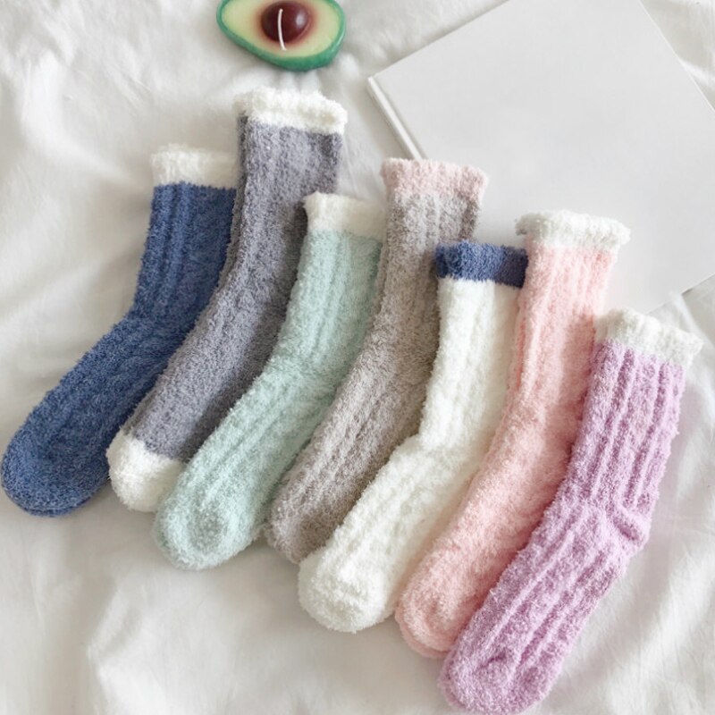 Women Plush Socks Soft Microfiber Fuzzy Warm Slipper Home Bed Floor Socks Winter