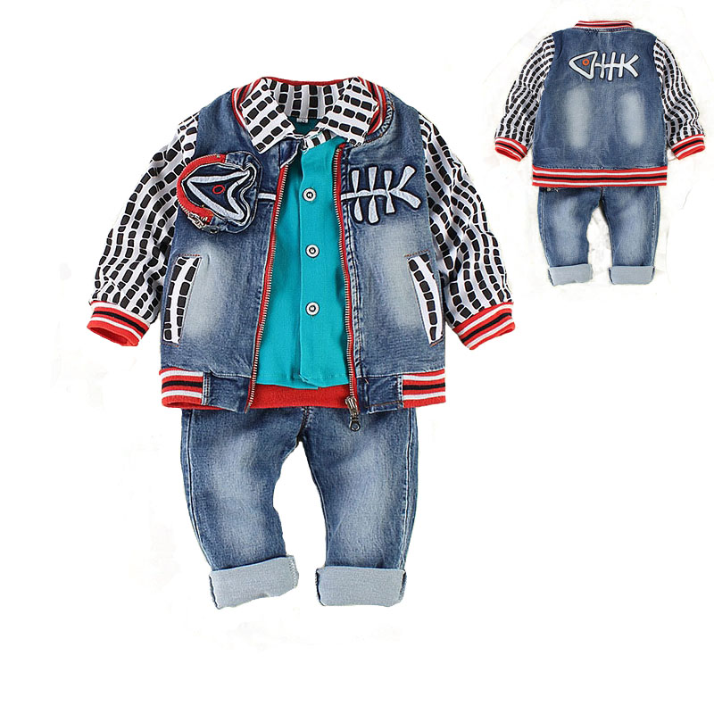 Niños conjunto, ropa de bebé niña 3 piezas traje de chaqueta pantalones de mezclilla otoño primavera ropa jeans para bebé niño chico Rosa kit de bebe: Model C Boy blue / 6 meses