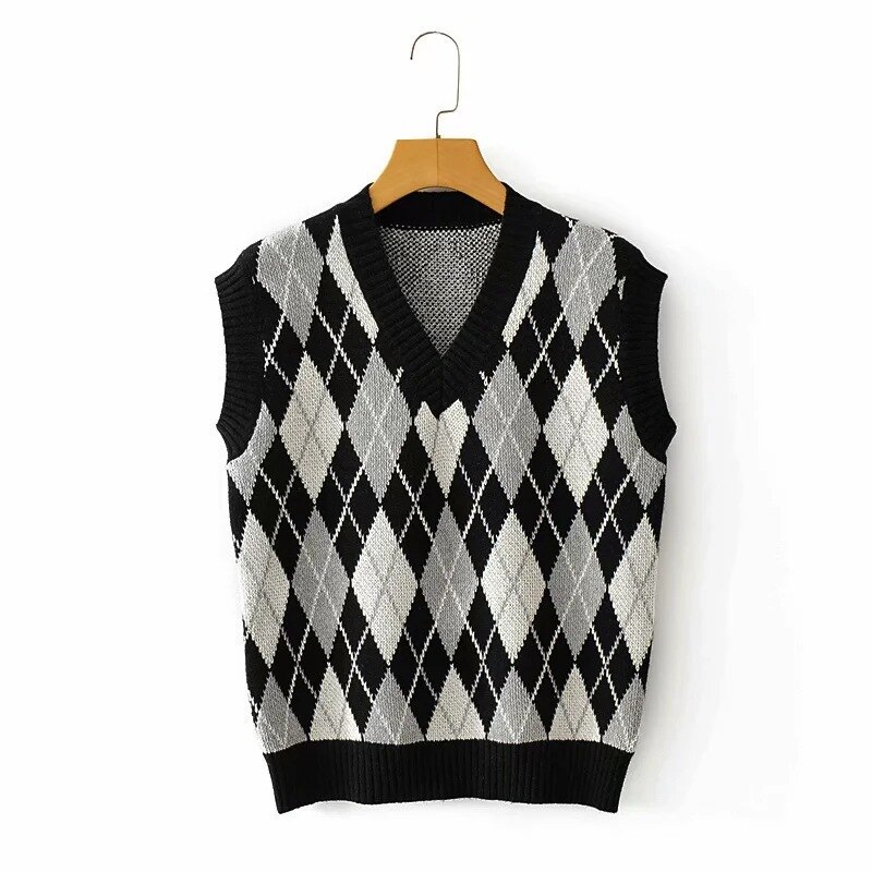 Casual Argyle Cropped Sweater Vest Women Sleeveless Knitted Pullover Ladies V Neck Preppy Style Plaid Tank Jumpers Autumn Winter: A