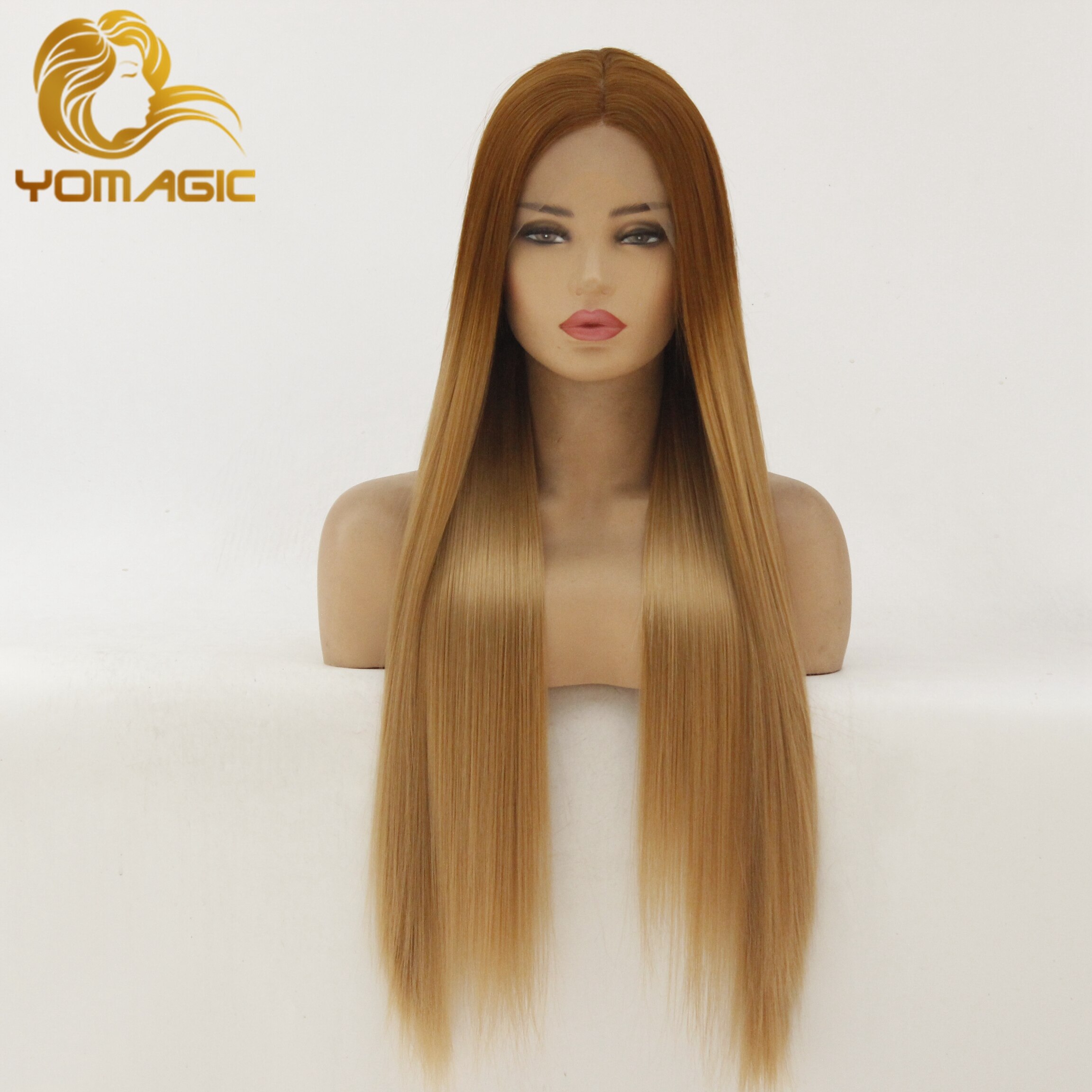 Yomagic syntetisk blonde front paryk til kvinder 24 tommer lange lige hår parykker varmebestandige ombre honning blonde parykker