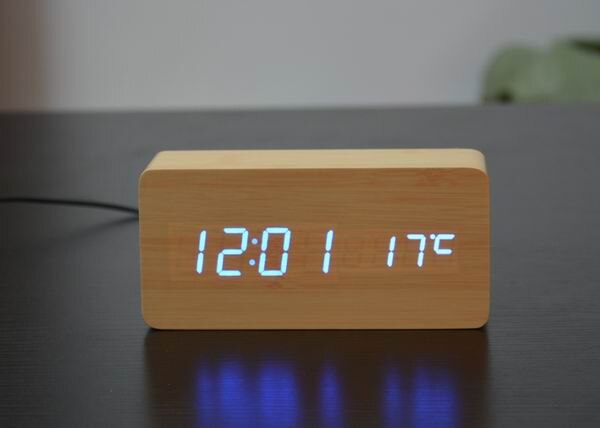 Fibisonic Wekkers Met Thermometer, Hout Houten Led Klokken, Digitale Tafel Klok, Elektronische Klokken Met Kosten: bamboo blue