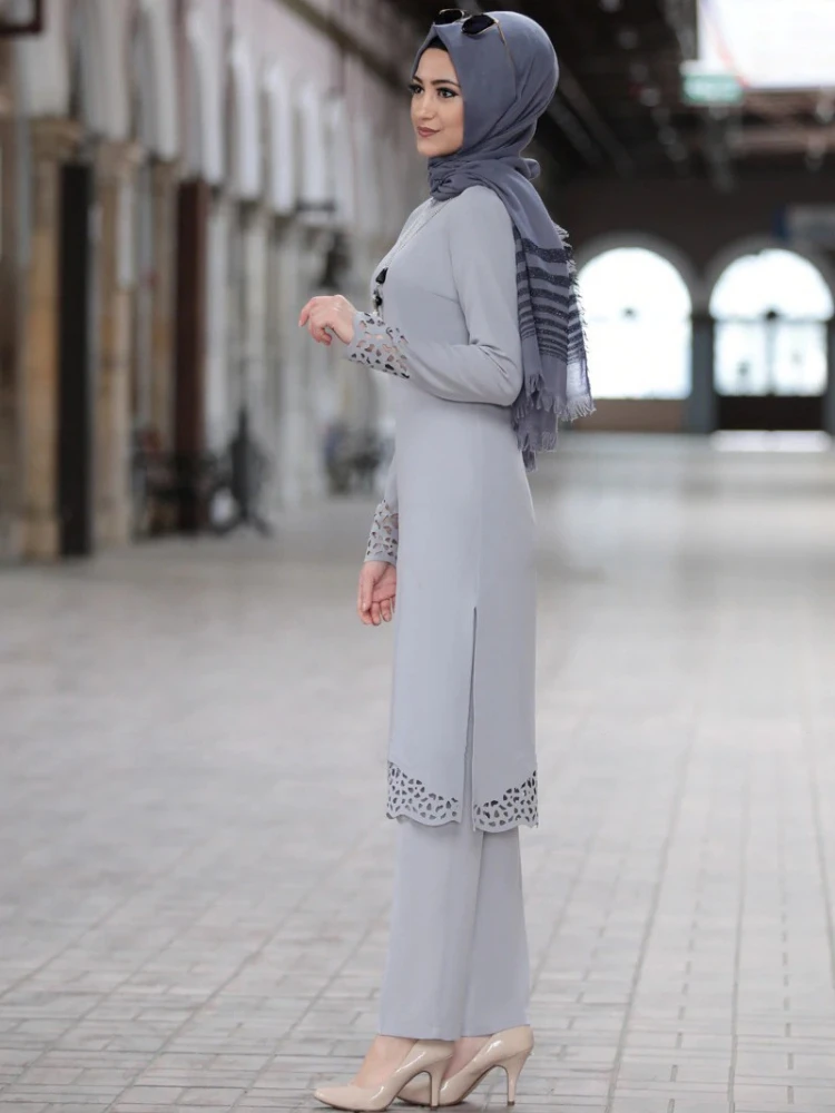 M -4xl todelte sæt toppe og bukser kvinder kalkun muslimsk abaya split kjoler ramadan marokkansk kaftan islamisk tøj: Xxxl / Brun