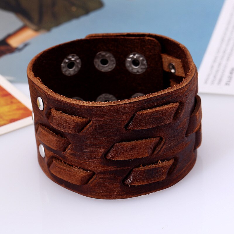 Vintage Wide Bracelet Men's Bracelets and Bangles Retro Brown Handmade Woven Adjustable Size 24cm Wrap Bracelet Wristband