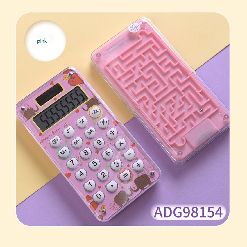8-Digit Pocket Solar Calculator Standard Function Student Calculator Large LCD Display Calculator with Labyrinth Map Game: Pink