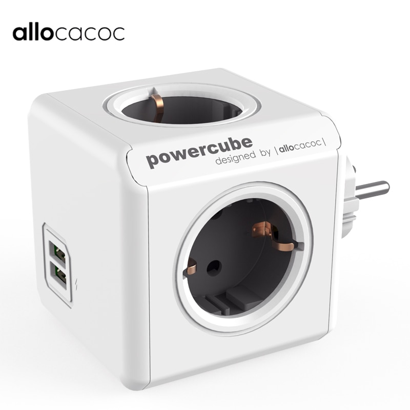 Allocacoc Original PowerCube Socket DE Plug 4 Outlets Dual USB Ports Power Strip Extension Adapter Multi Switched Socket Gray