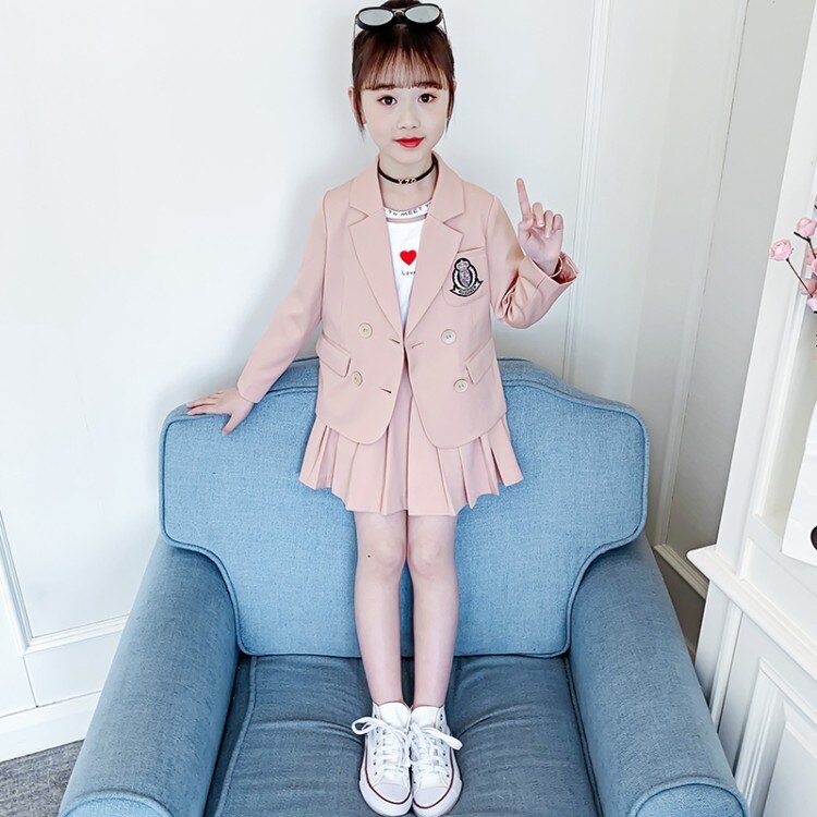 Spring Girls Cute Pink Blazer Suit Campus Style Two-piece Children&#39;s Korean Western Style All-match Cotton Suit Skirt LB252