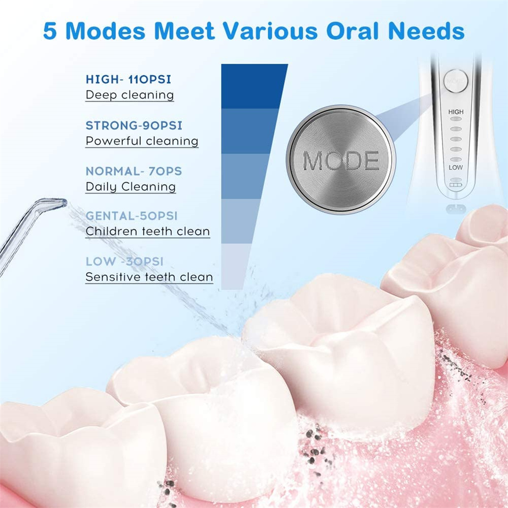 5 modes oral irrigator usb genopladelig vandtråd bærbar dental vandtråd jet 300ml irrigator tandrenser +6 jet