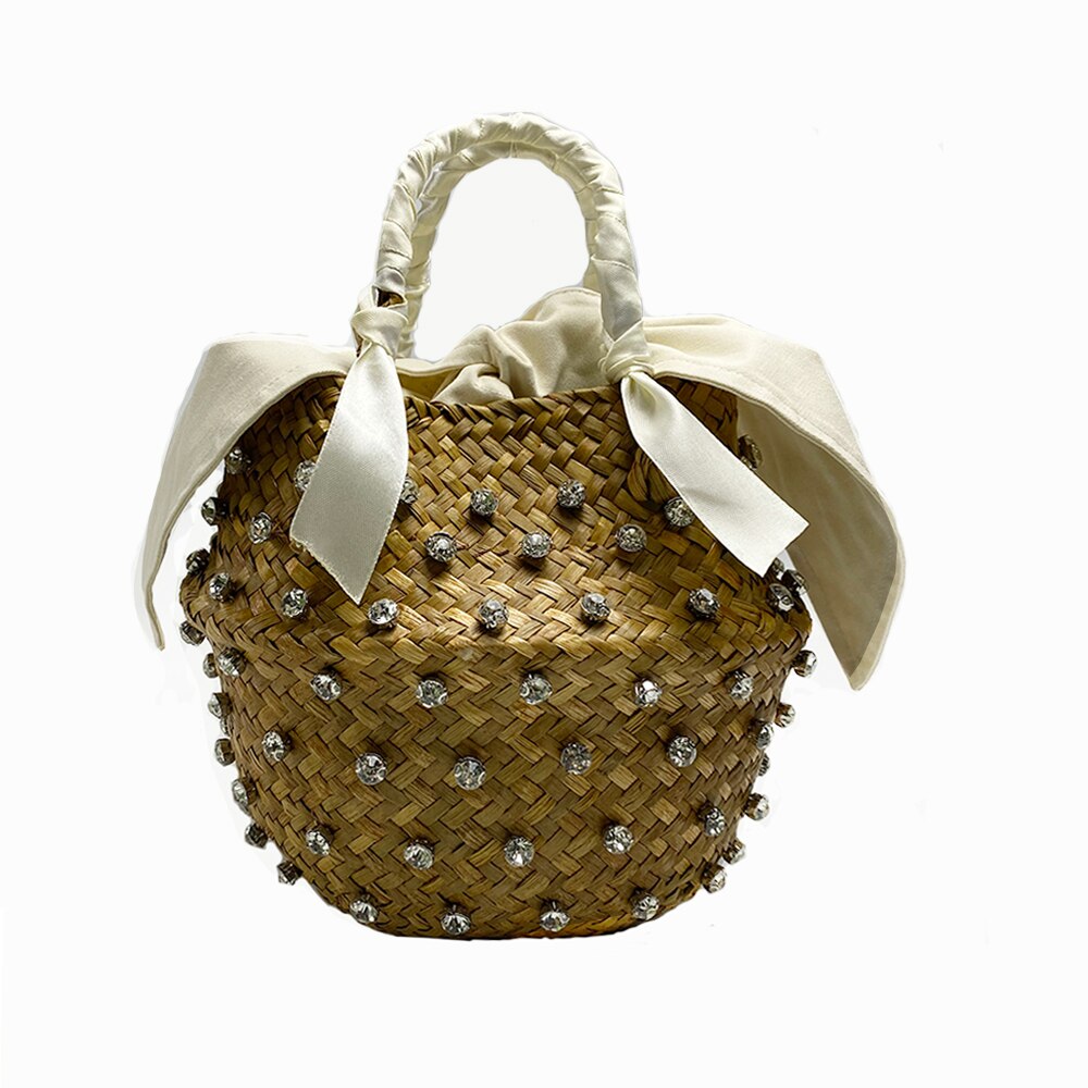 Beach Bag With Pearl Ladies Woven Bucket Straw Diamond Handbags Clutch: white / M