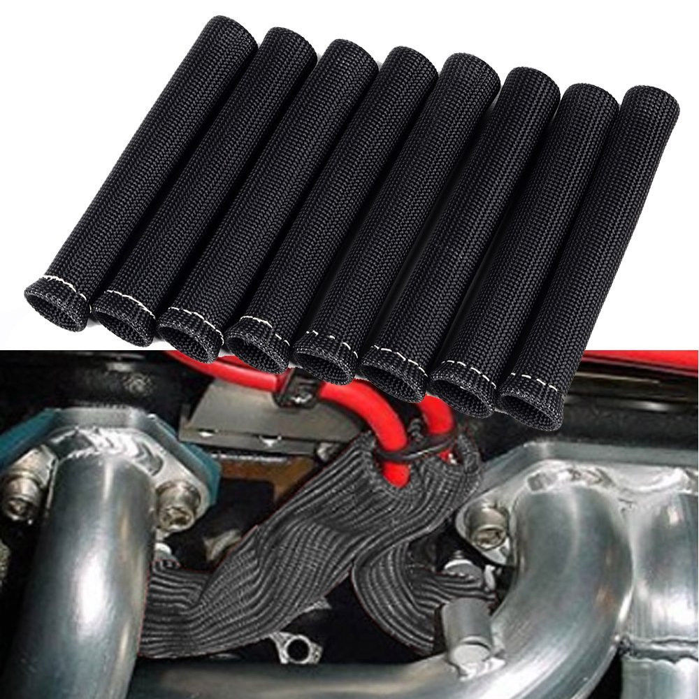 8PCS Black Red 1200° Spark Plug Wire Boots Heat Shield Protector Sleeve SBC BBC 350 454