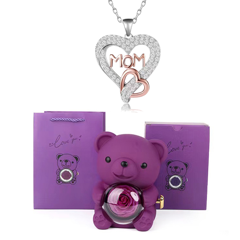 Collares con colgante de mamá de circón en forma de corazón con caja de de flor rosa de oso bonito adecuada para Navidad Día de la madre sorpresa romántica: Chapado en oro antiguo